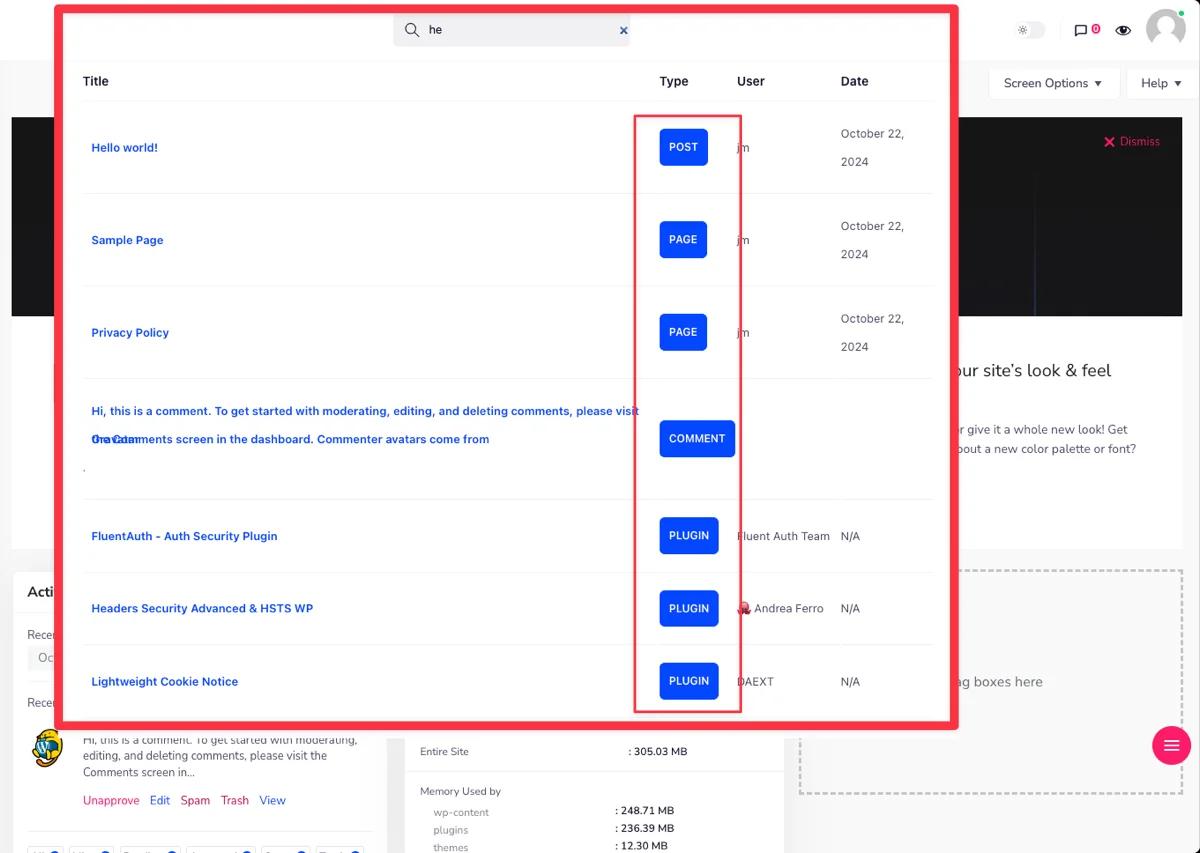 Default Admin search in WP Adminify oldest version