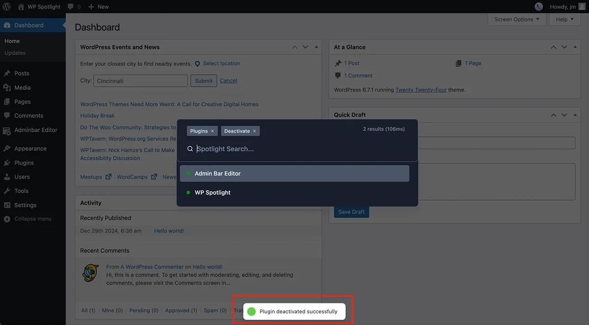 Plugin deactivated successfully notice