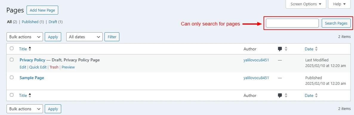 WordPress admin fragmented search – pages