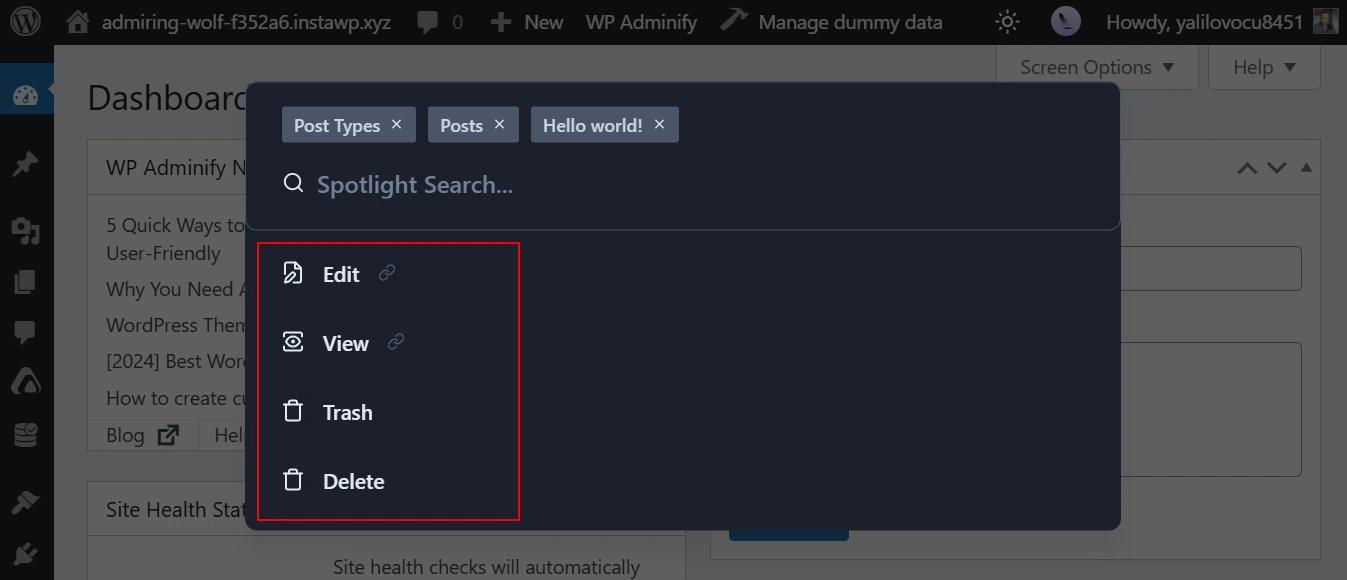 Post and page search actions