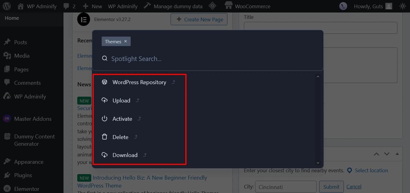 Theme search and actions